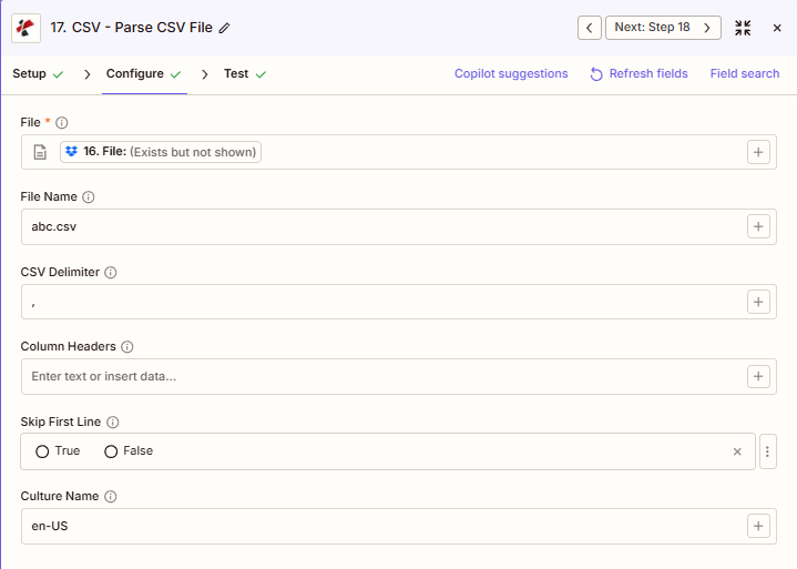 Configuração do Zapier para análise de CSV do PDF4me - Arquivo, Nome do Arquivo, Delimitador CSV, Cabeçalhos de Coluna, Ignorar Primeira Linha, Nome da Cultura